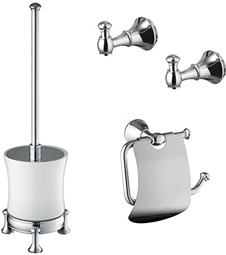 PaulGurkes Nostalgie Accessoires-Set: 2x Handtuchhaken, WC-Papierhalter, WC-Bürste - Retro Vintage verchromt aus Messing