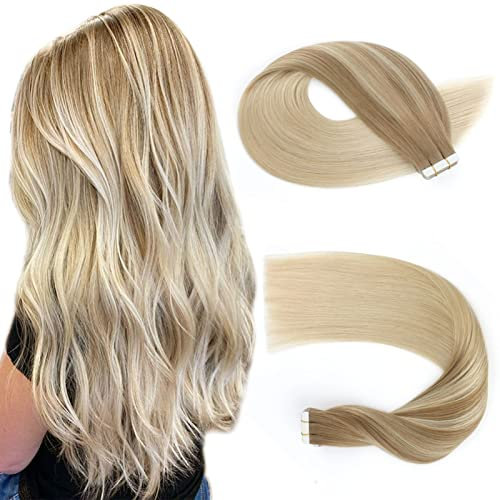 Sassina Tape in Extensions Echthaar Balayage Kastanienbraun zu Platinblond Skin Weft Tape In Echthaarverlängerungen Doppelseitig Tape in Haarverlängerungen 20 Stück 55cm 50g #B8/60