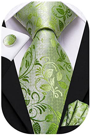 Hi-Tie Herren Krawatte Schwarz Paisley/Plaid/Streifen/Einfarbig Krawatten Set Einstecktuch Manschettenknöpfe Business Formal Hochzeit Meeting Geschenkbox,B-hellgrün