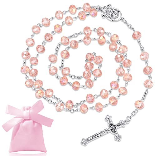 Pink Rosary Beads Necklace Catholic Metal Crucifix Charm Necklace Long Holy Prayer Beads Necklace with Medal Cross Crucifix Charm and Velvet Drawstring Bag for Women Men