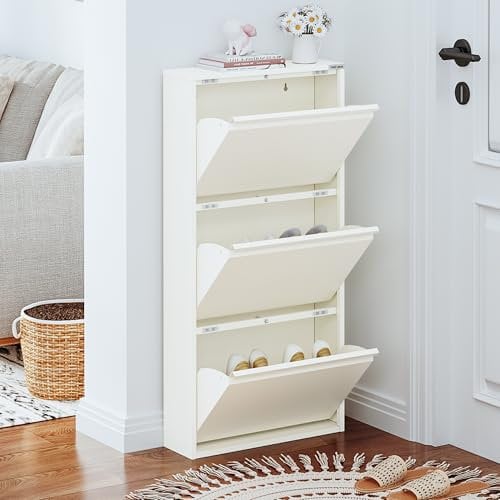 VEEHAUS Schuhregal Schmal Metall Schuhschrank Hoch Schuhkipper mit Magnetische Abdeckung Metall Montiert Schuhschrank Schmal und Wandmontage (Creme Farben, 3 Klappen)