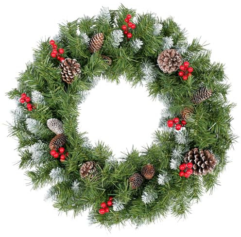 Corona Navidad Puerta 60 cm, Uten Corona Navidad Grande, Corona Navidad Puerta Entrada, con Nieve, Frutos Rojos y Piñas, de PVC, Navidad Decoración