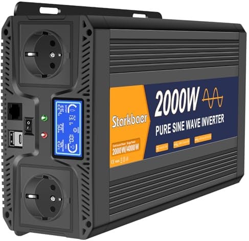 Starkbaer 2000W/4000W Wechselrichter 12v auf 230v Reiner Sinus Spannungswandler Power Inverter KFZ Konverter mit LCD-Bildschirm, Fernbedienung,2 EU AC Steckdosen,1 Type-C und 1 USB Anschlüsse