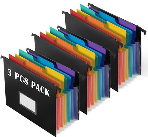 TRANBO 7-Pockets Hanging File Folder with Retractable Hooks for Filing Cabinet, Letter Size Expandable Accordion File Organizer with Elastic Band for File Frame or On-The-Go Use (3 Pack)