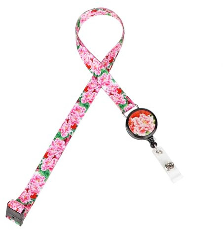 LGEGE Versenkbare Ausweisrolle und Lanyard-Kombination - abbrechbares Sicherheitsdesign, rosa Pfingstrosenmuster, ID-Ausweis/USB/Zugangskarte/Schlüsselanhänger (47cm)