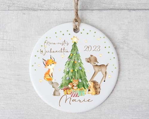 Lolleby´s Kindertraumland Weihnachtsanhänger personalisiert, Mein/UNSER erstes Weihnachten, Waldtiere, Anhänger MDF, Christbaumschmuck, Weihnachtskugel