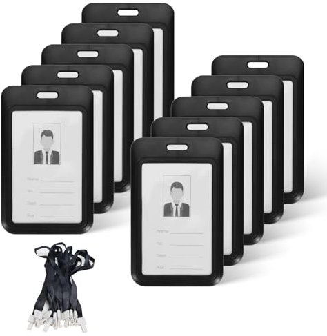 Realand Lot de 10 porte-badges coulissants avec cordon, étuis rigides et verticaux avec fenêtre transparente - Housse de protection pour badge de bureau, porte-nom - Noir