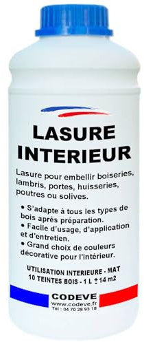 Lasure Bois Interieur - Codeve Bois/Incolore - 1 L - Intérieur - Pour La Décoration De Votre Boiserie, Lambris, Porte Ou Poutre En Bois.