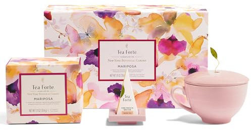 Tea Forte, Gift Tea Set with Cafe Cup, Tea Tray and 10 Handcrafted Pyramid Tea Infuser Bag (Mariposa)