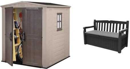 Keter 17197898 Factor Outdoor Garden Storage Shed, Beige, 6 x 6 ft & Eden Bench 265L Outdoor 60% recycled Garden Furniture Storage Box Graphite & Light Grey