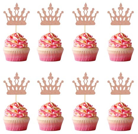 Arthsdite 24 Pcs Princess Crown Cupcake Toppers Princess Cake Pick Decorations for Wedding Girl Birthday Baby Shower Party Decorations - Rose Gold Glitter