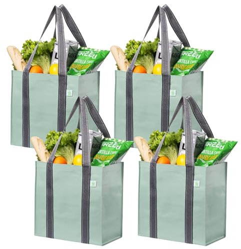 VENO 4 Pack Reusable Grocery Bags Shopping Bags, Small Tote Bag w/Handle & Hard Bottom, Heavy Duty, Foldable Bag Carrier - Green