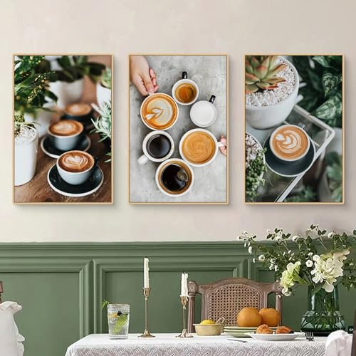 Herfair 3er Poster Set, Kaffee und Kaffeebohnen Küche Coffee Leinwand Wandbilder, Bilder Kaffee Deko für Wohnzimmer & Küche & Esszimmer, Deko Kochen, ohne Rahmen (A,30x40cm)