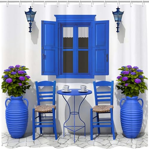 GOOESING Summer Travel Shower Curtain House Flowers Window Image Greek Design Landscape Shower Curtain with Hooks Navy Blue and White Bathroom Decor Washable Waterproof Fabric 180x180cm