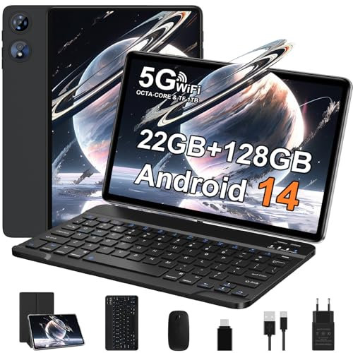 Tablet Android 14 - Octa-Core 2.0GHz|22GB RAM + 128GB ROM(Expandible 1TB )|8000mAh|5G WiFi /Bluetooth 5.0|Cámara Dual|GMS Certificación Widevine L1|5MP+8MP|Tablet 10 Pulgadas con Teclado y Raton Negro