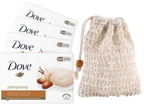 Wundle Bundle Soap Saver Exfoliating Pouch with 4 x Pampering Dove's Moisturising Soap Bars (Shea Butter & Warm Vanilla)