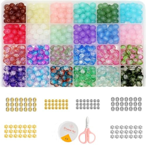Kit para Hacer Pulseras 750Pc Abalorios para Pulseras 8mm Bolitas Cuentas de Cristal Bolas para Hacer Pulseras con Perlas Hilo Cuentas Espaciadoras Set Cosas Hacer Pulseras Collares y Manualidad