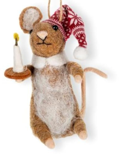 The Bridge Collection Felt Bedtime Mouse Christmas Ornament - Cute Wool Mouse with Red Stocking Night Cap Animal Christmas Decoration