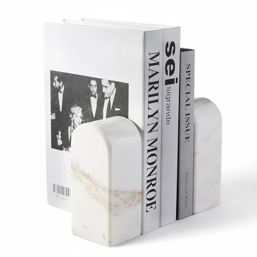 Koville Serre-livres en marbre naturel pour étagères, serre-livres décoratifs, 3,2 kg, en marbre robuste, décoration d'appartement pour livres normaux/CD/jeux vidéo Calacatta