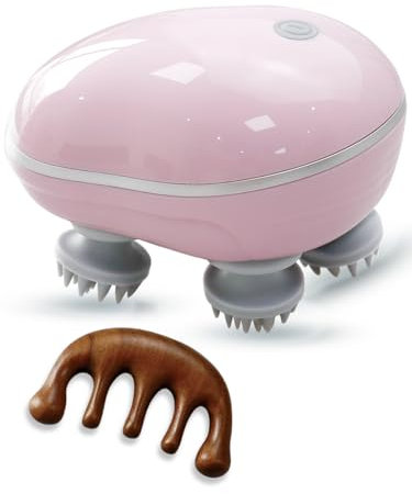 Elektrisches Kopfmassagegerät mit Infrarot Wärmelampe + Holzmassagekamm | Trocken & Nass (IPX7) | 10 Min Akkulaufzeit (wiederaufladbar - inkl. Ladekabel) | Für Tiere geeignet (Rosa)