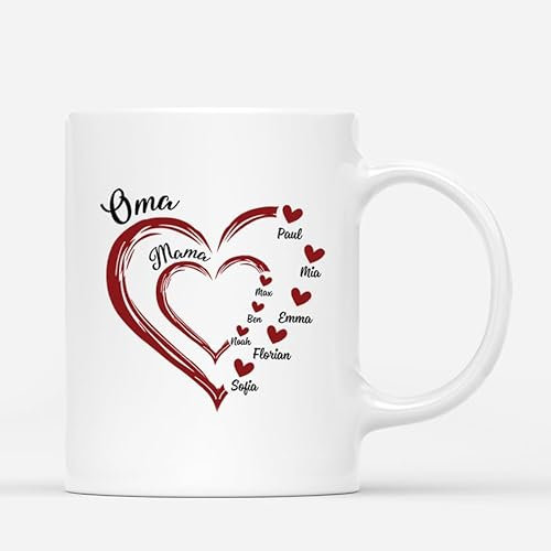 Geschenke Mall Personalisierte Verschachtelte Herzen Mama Oma Tasse - Personalisierte Geschenke für Mama zum Weihnachten, Muttertag oder Geburtstag (3 Kinder, 5 Enkelkinder)
