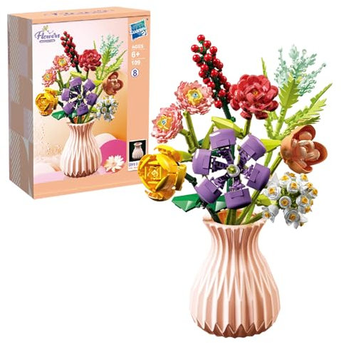 DHINCHANSAIB Blumenstrauß Klemmbausteine, 724Teile Blumenstrauß Bausatz, 8Künstliche Blumen Mit Vase, Botanical Kollektion Bauklötze Pflanzen Home Deko (Beige Vasen)