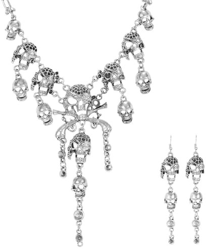 YAJIMAOY Piraten Accessoires Damen mit Piraten Kette Damen, Piraten Ohrringe Damen, Halskette Totenkopf Ohrringe, Piraten Schmuck Damen, für Karneval Halloween Cosplay Mottopartys