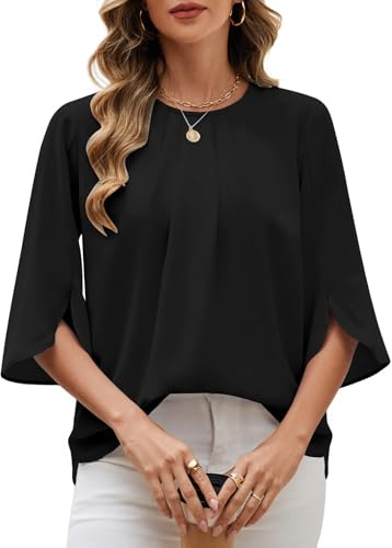 PASUDA Camicia Donna Elegante Manica a 3/4 Top Blusa a Girocollo in Chiffon Casual Camicetta Estiva Tinta Unita Manicotto Split Maglietta da Lavoro