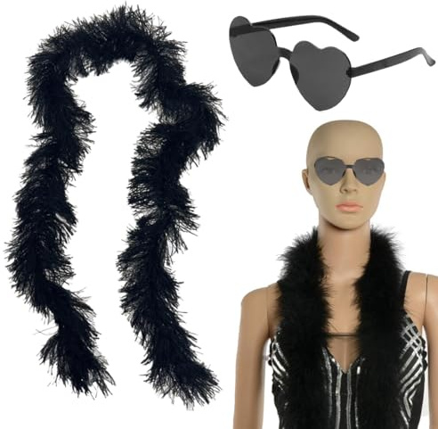 XOXVURI Feather Boa, 20S Costume Women, With Heart Glasses, 1920 Costume Women'S Accessory Set, Feather Boa, Black, Feathers Black, Fluffy Feather Boa, Gothic Feather, For Dressing Party