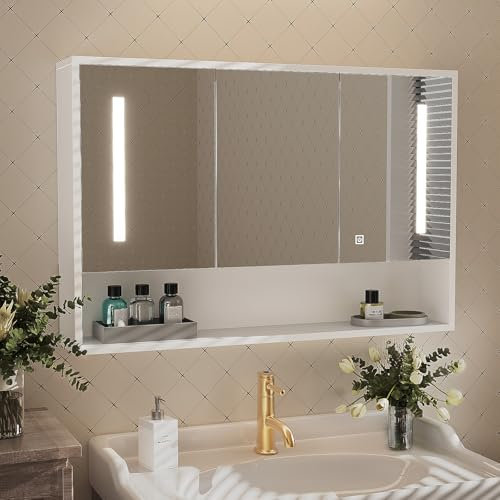 Msutree Armoire de Toilette avec étagères réglables, Meuble Mural avec Miroir, mobilier en Bois Gain de Place, Armoire Murale (3 Portes avec Lumière)