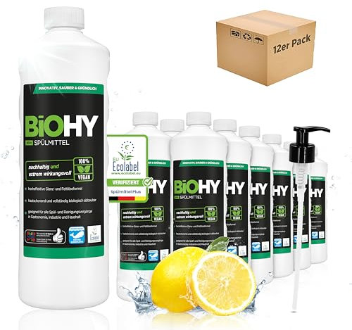 BiOHY Liquide vaisselle Plus (12 x 1 litre) + distributeur de pompe | Concentré liquide bio pour vaisselle avec Ecolabel UE | Dégraissant extra puissant | Idéal pour distributeur de liquide vaisselle