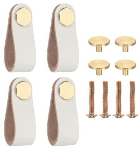 PATIKIL Leather Drawer Pulls, 4 Pack Leather Handle Center Cabinet Dresser Knobs with Screws for Dresser Cupboard Closet Doors, Cream
