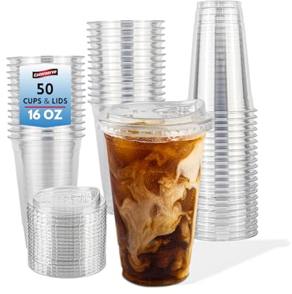 Caterserve Clear 16oz PET Plastic Cups with Sip Through Lids – 50 Pack Set – Great for Iced Drinks at Cafes, Restaurants, Events, and Takeaway Service