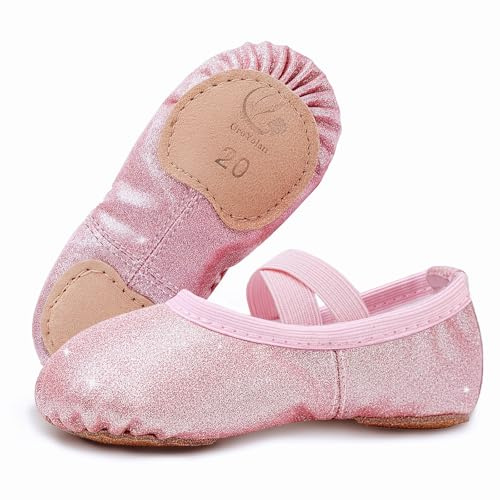 Ballettschuhe Mädchen Glitzer Leder Kinder Tanzschuhe Geteilte Ledersohle | Glitzer-Ballettschuhe für Mädchen, weich und bequem, Ballettschläppchen elastischem Riemen für Tanz & Training
