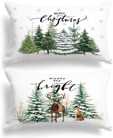 Lanpn 40x60 Weihnachten Kissenbezüge 2 Stück, Wald Rentier Weiß Lang WeihnachtsKissenbezüge Lendenkissenbezug Kissenhülle für Wohnzimmer Sofa Weihnachten Heimdekoration