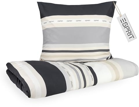 Esprit Renforcé Bettwäsche 155x220 Baumwolle grau - Boho Bettdeckenbezug + Kopfkissenbezug 80x80cm - Luxus Bettwäsche 2teilig in Hotelqualität atmungsaktiv - Duvet Cover Cotton Herbst Öko-Tex