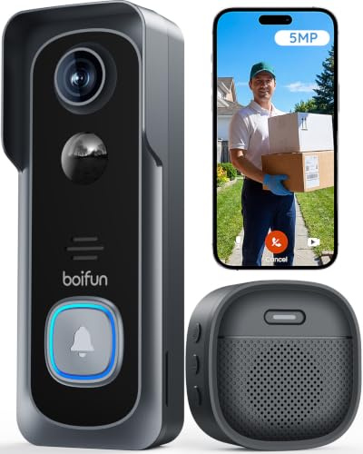 BOIFUN 2.5K 5MP Sonnette sans Fil Exterieur Etanche, Pose Facile, Gris | 2.5K/5MP Ultra HD, Installation Facile, Détection Humaine par IA, Vision Nocturne, Compatible Carte SD, IP65 , Wi-FI 2,4 GHz