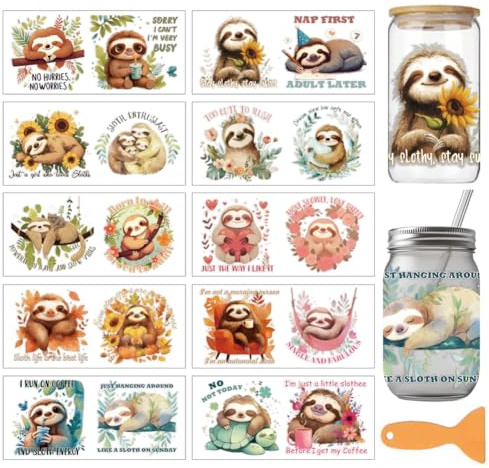 arricraft 10 Blätter Sloth-Thema UV DTF Tasse Transfer Aufkleber | 24x11cm Wasserfest Rub On Sticker Möbelfolie Selbstklebend für DIY Kunsthandwerk Becher, Flaschen, 16oz Glas, Möbel