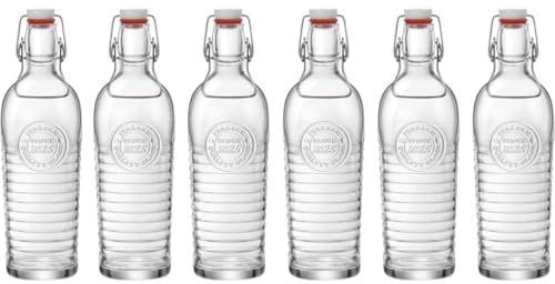 Bormioli Officina 1825 Lot de 6 bouteilles en verre 1,2 l – Design italien original avec relief – Hermétiques et transparentes – Idéal pour boissons, fermentation, conservation et décoration