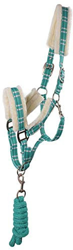 QHP Halfter-Set kariert mit Kunstfell Halfter + Strick Nylon mit Tasche (Pony, Atlantis)