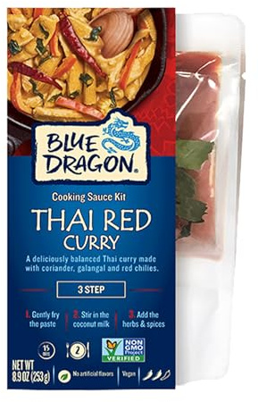 Blue Dragon Kit de curry rouge thaïlandais en 3 étapes – 252,3 g (lot de 1) – Sachets pré-portionnés de pâte de curry rouge thaïlandaise authentique, lait de coco et herbes aromatiques – Sans gluten