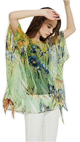 Prettystern Femme Tunique D'été Blouse Plage en Soie Mousseline Poncho Taille Unie - Iris Iris