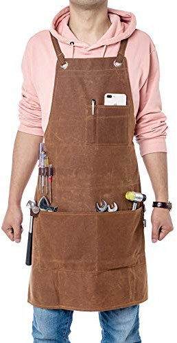 QEES Delantal de trabajo para hombre de trabajo, resistente, lona encerada, ajustable, con 3 bolsillos grandes para ingenieros, carpintero, manualidades, cocina, jardín, cerámica, taller de artesanía