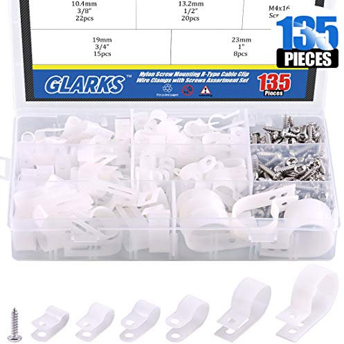 Glarks - Morsetti in nylon bianchi tipo R per cavi, clip con montaggio a vite per l'organizzazione dei cavi, kit assortito per fili, cavi, guaine, 6 dimensioni, 135 pezzi, colore bianco