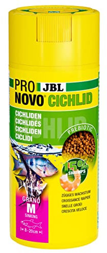JBL PRONOVO CICHLID GRANO, Hauptfutter für Buntbarsche von 8-20 cm, Klickdosierer, Fischfutter-Granulat, Größe M, 250 ml