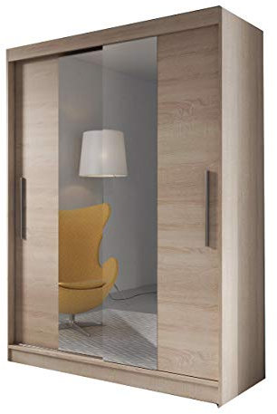 mb-moebel Moderner und funktionaler SchiebetürenSchrank Kleiderschrank Schrank Garderobe Zweitürenschrank Spiegeltür 150 cm Lara 01 (Sonoma)