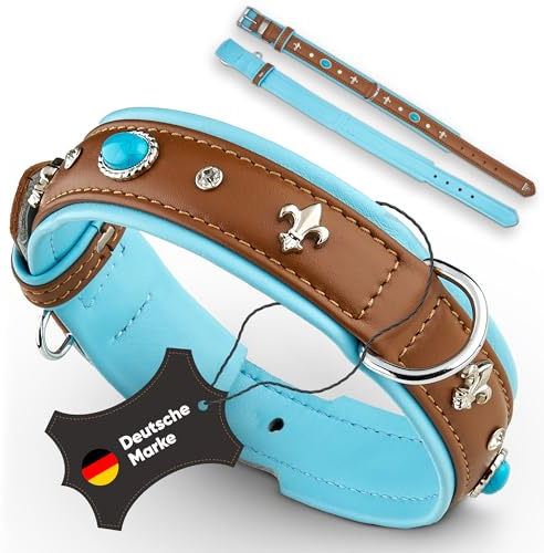 MICHUR Nizza Lagune Hundehalsband Leder, Lederhalsband Hund, Halsband, Braun Blau, Leder, mit Lilien,Strasssteinen und großem Kristall, in verschiedenen Größen erhältlich