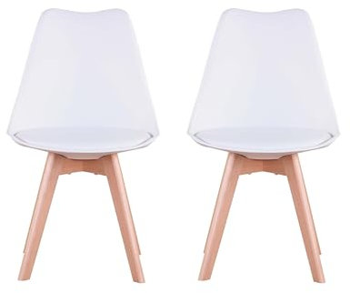 GrandCA HOME Pack de 2 Sillas Comedor Sillas de Cocina Nórdicas con Asiento Blando y Patas de Madera Maciza de Haya,Blanco