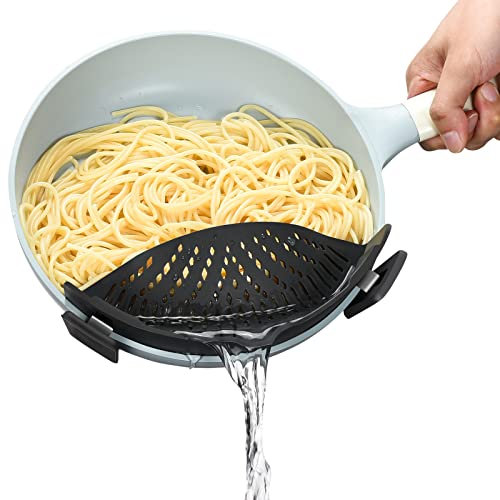 Hervimo Colador de pasta, colador de clip para ollas, cacerola, colador de alimentos de silicona, escurridor manos libres, accesorios de cocina, resistente al calor para pasta espaguetis carne (gris