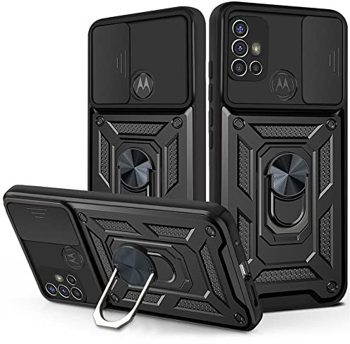 ESTH® Hülle für Motorola Moto G30/G20/G10 mit Slide Camera Cover [Kameraschutz] [Ring Ständer] [Case Kompatibel Mit Magnetischer Autohalterung] Stoßfeste Handyhülle, Schwarz